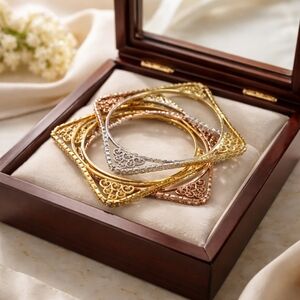 Intricate Gold, Rose Gold and Silver Filigree Square Bangles